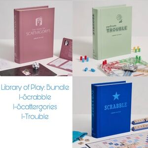 3-Board Games Bundle Library of Play: 1-Scrabble, 1-Scattergories, 1-Trouble